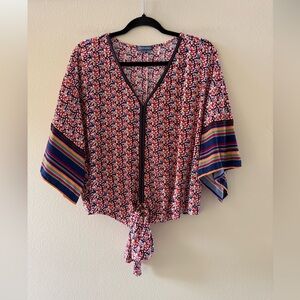 Democracy Floral Blouse with Striped 3/4 Bell Sleeves